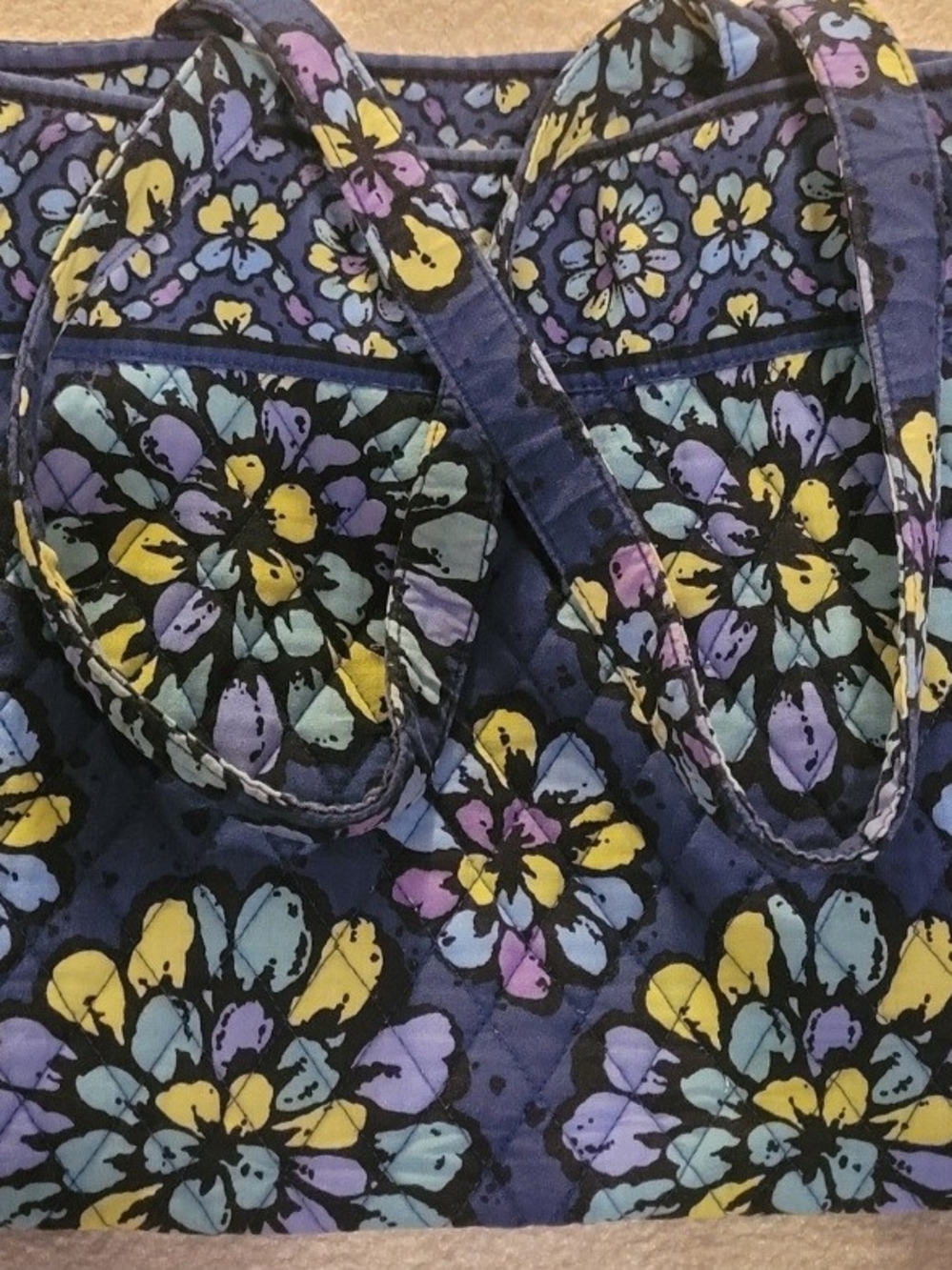 Vera Bradley Navy Quilted Floral Tote with Yellow, Purple & Light Blue Accents